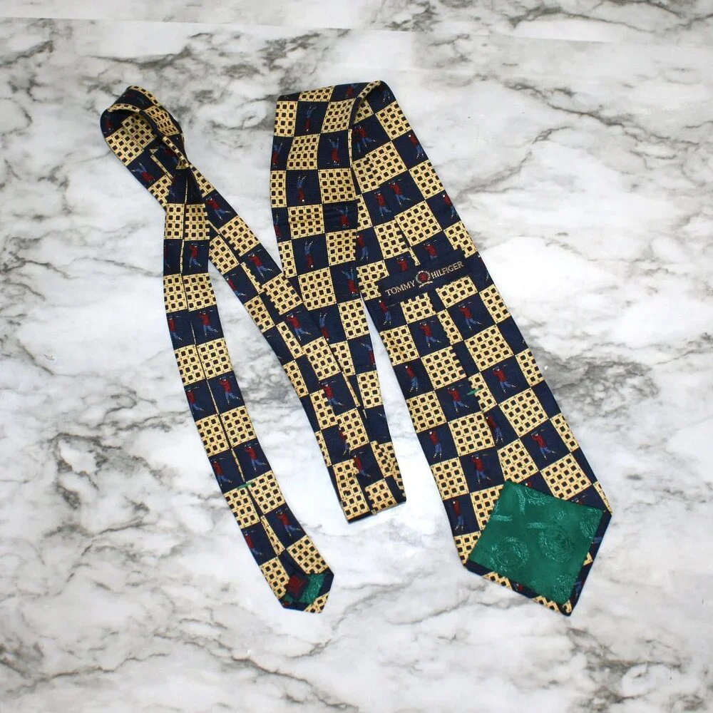 VINTAGE TOMMY HILFIGER Necktie Checkerboard Plaid Golf Blue Gold Silk Neck Tie